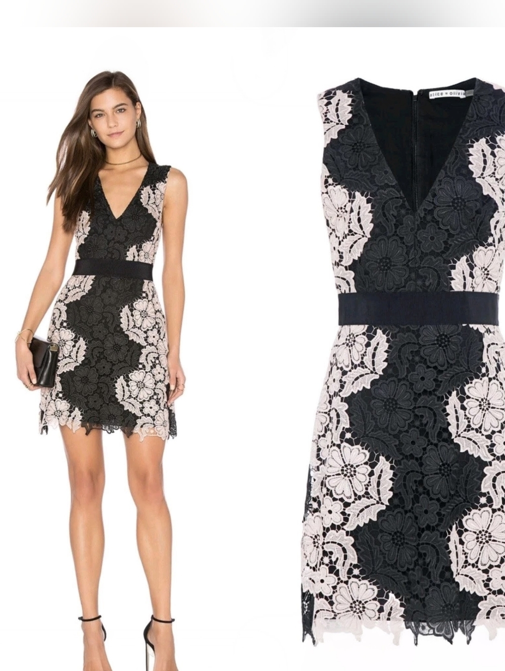 Alice + Olivia Patrice A-Line Lace Dress Black and Cream Women's 2 Floral - Picture 4 of 16
